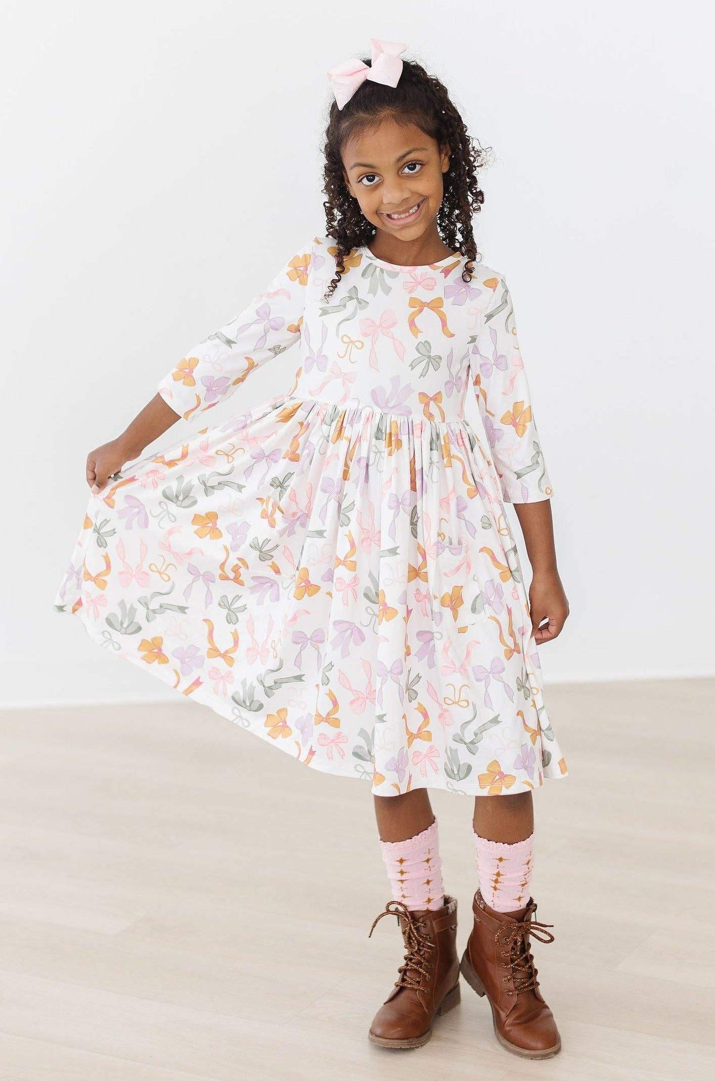 Boho Bows 3/4 Sleeve Pocket Twirl Dress: 4T