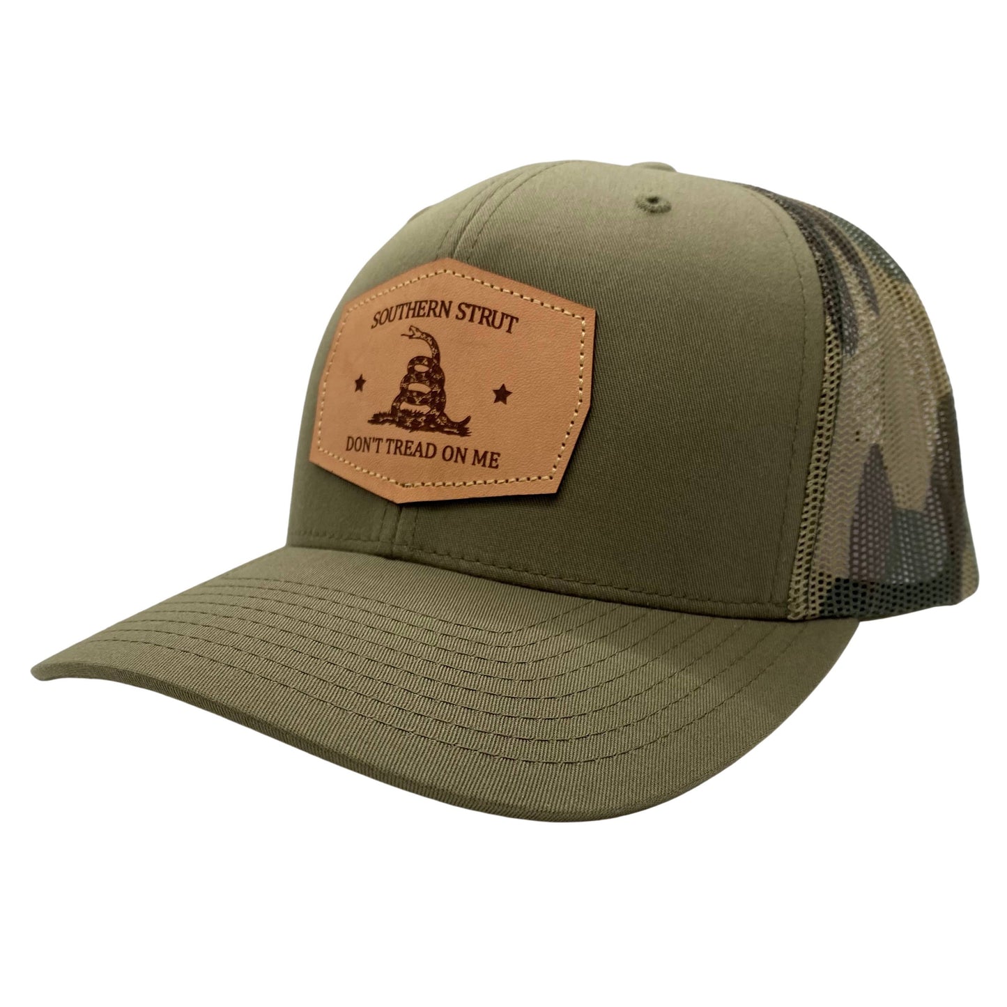 Don't Tread Leather Patch Trucker Hat: Black/Black