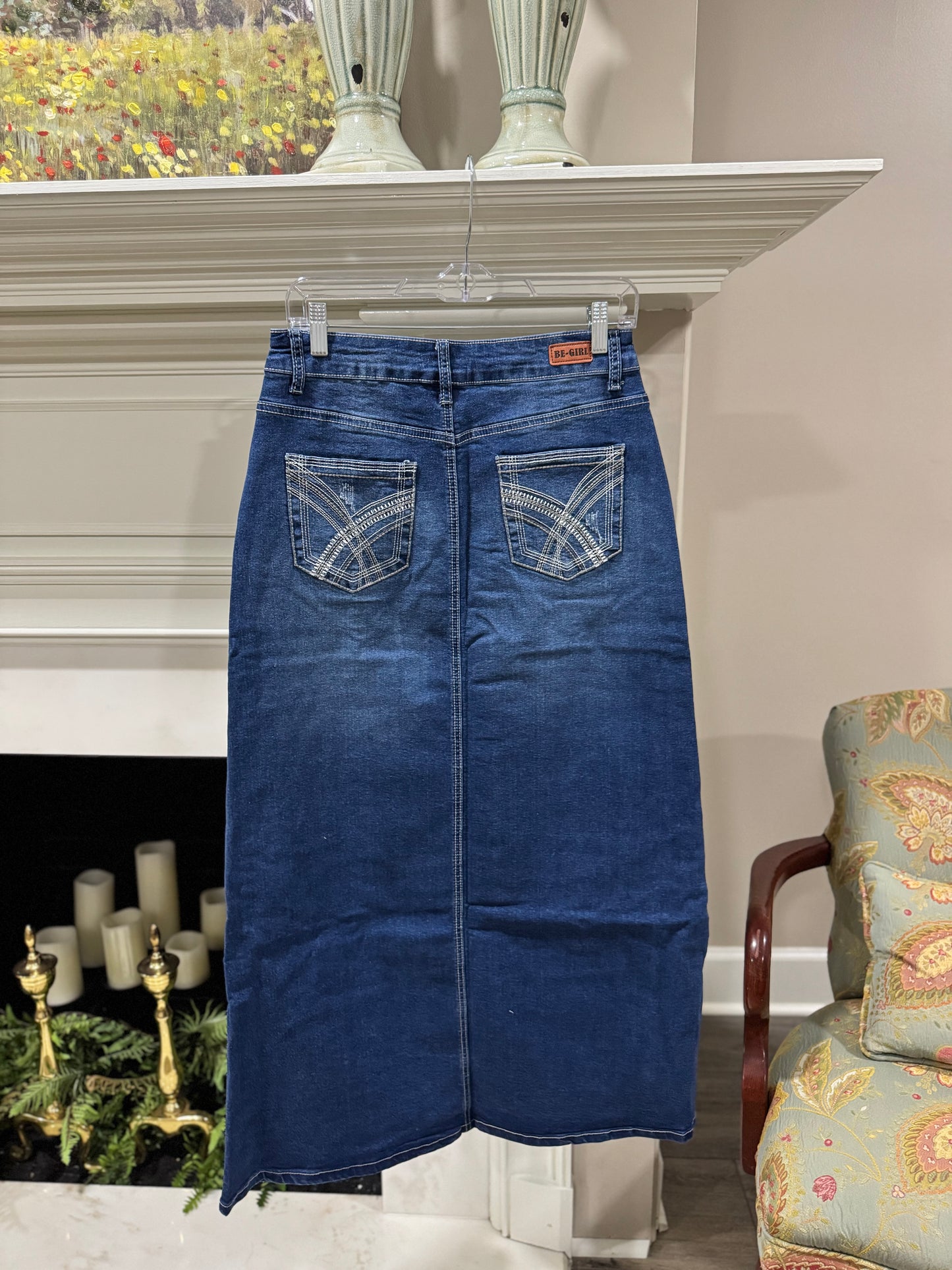 Medium Wash Distressed Denim Skirt