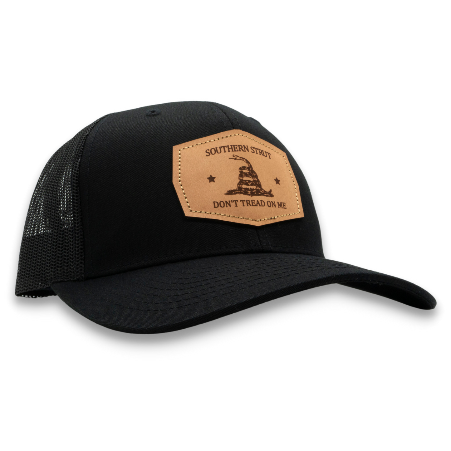 Don't Tread Leather Patch Trucker Hat: Black/Black