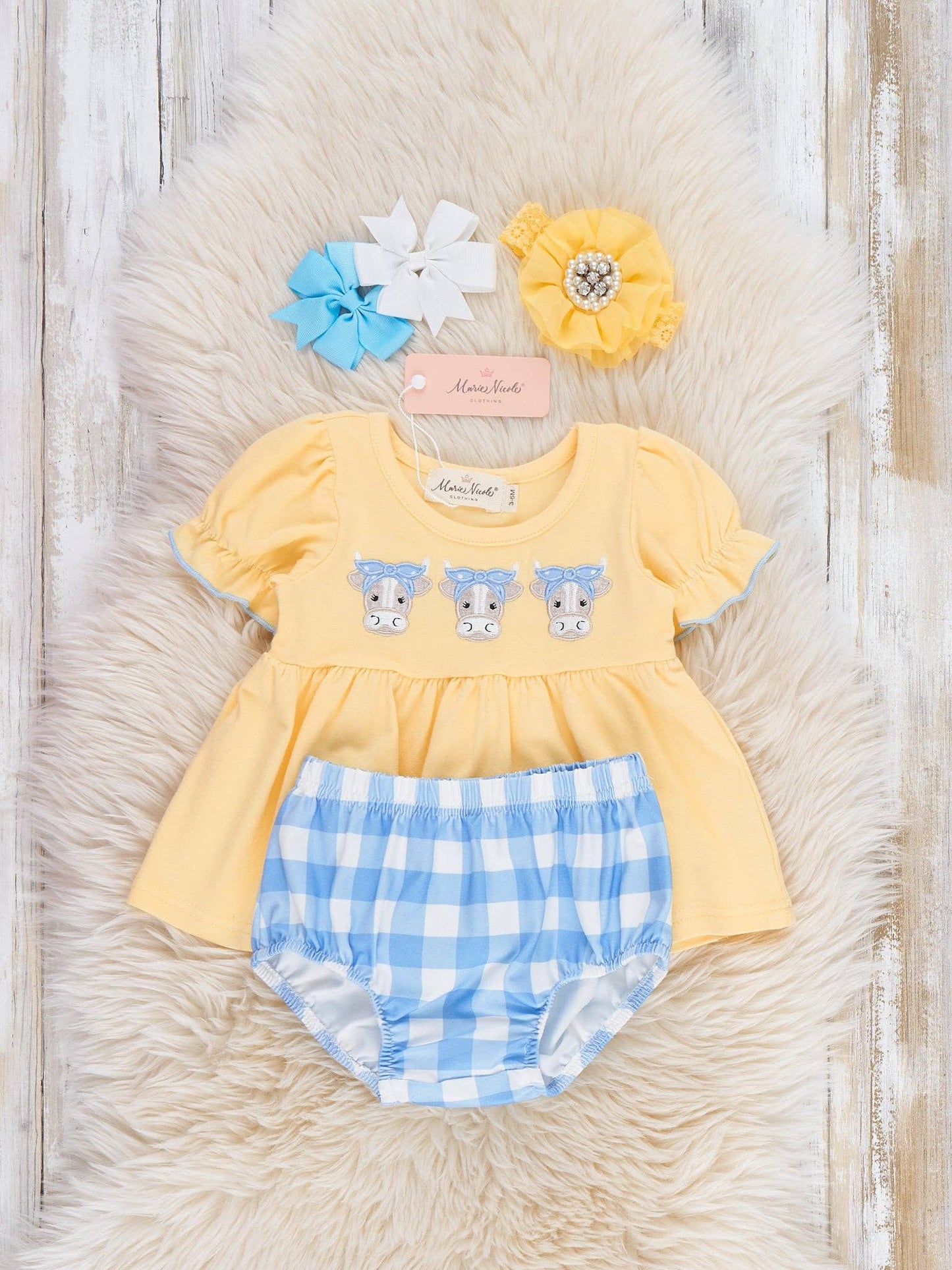 Embroidered Cows Gingham Bloomers Outfit: 6/12MOS