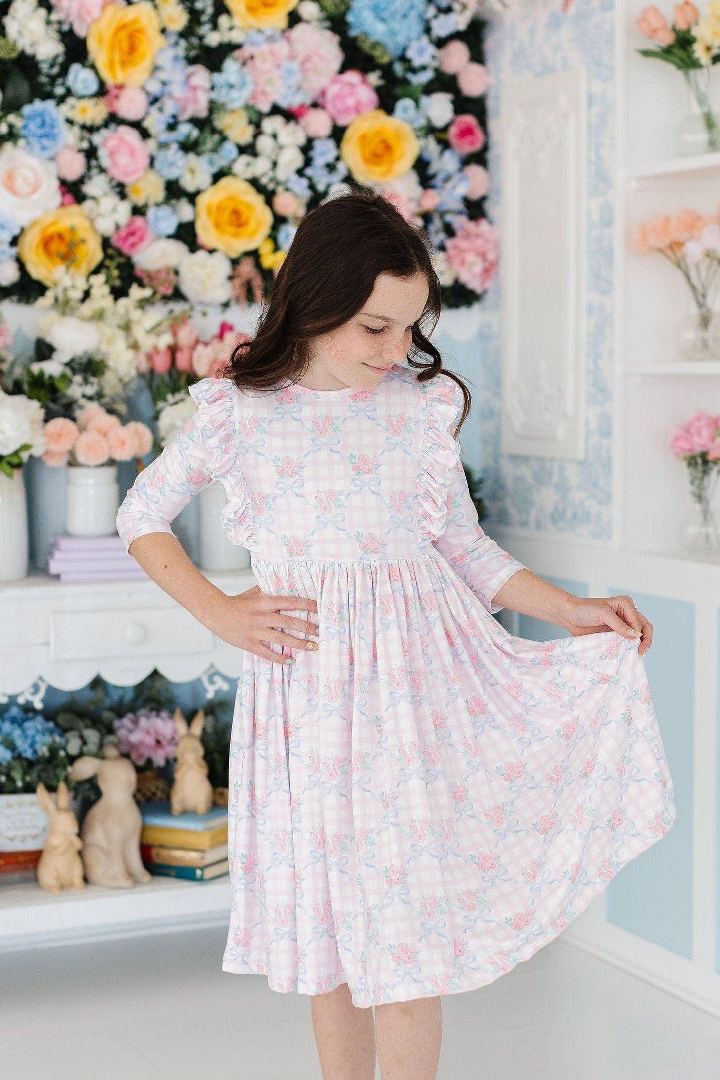 Ribbons & Roses 3/4 Sleeve Ruffle Twirl Dress: 3T