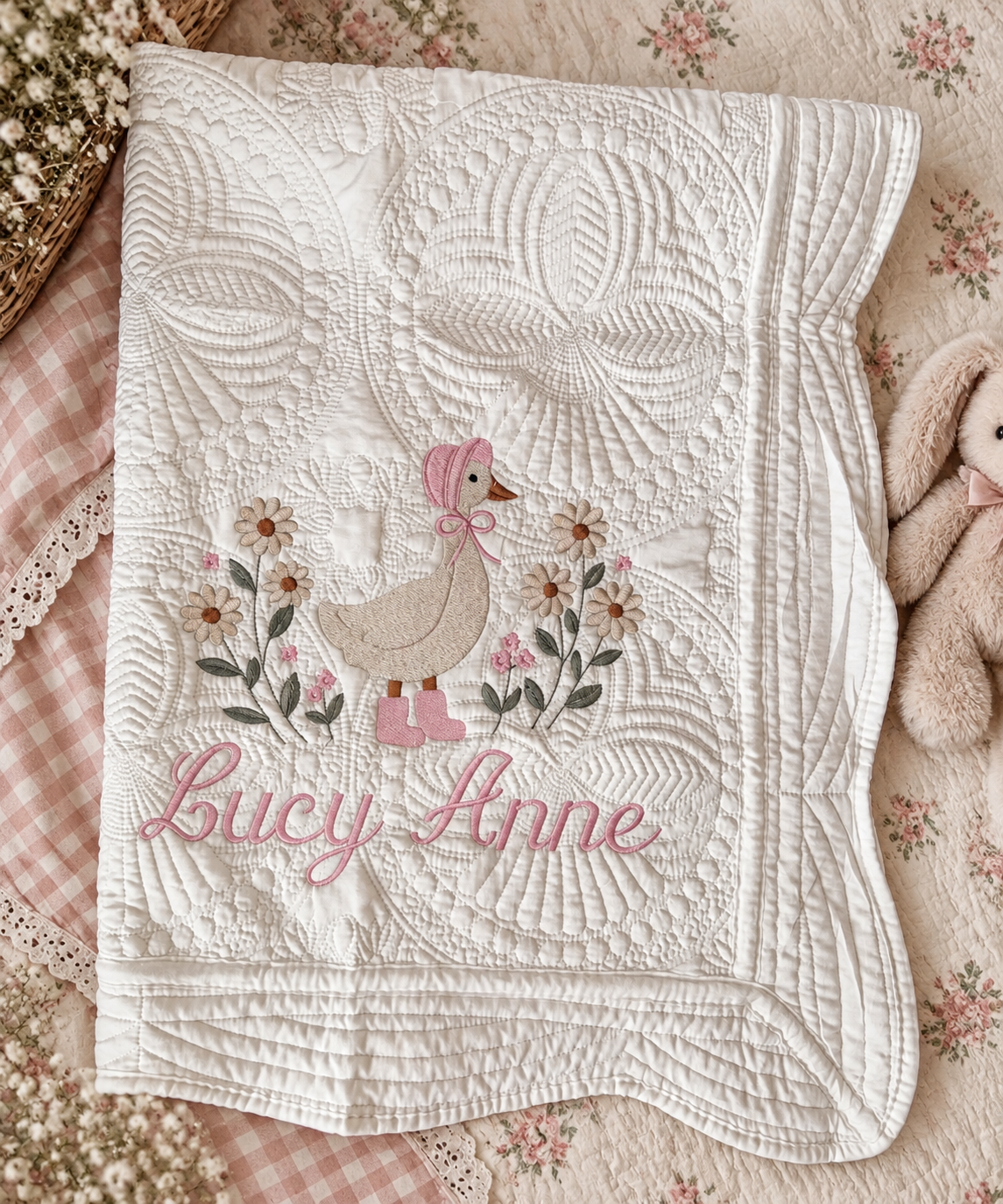 Embroidered Heirloom Ivory Quilt: