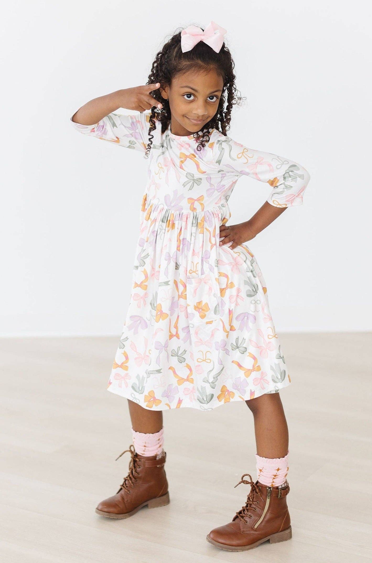 Boho Bows 3/4 Sleeve Pocket Twirl Dress: 4T