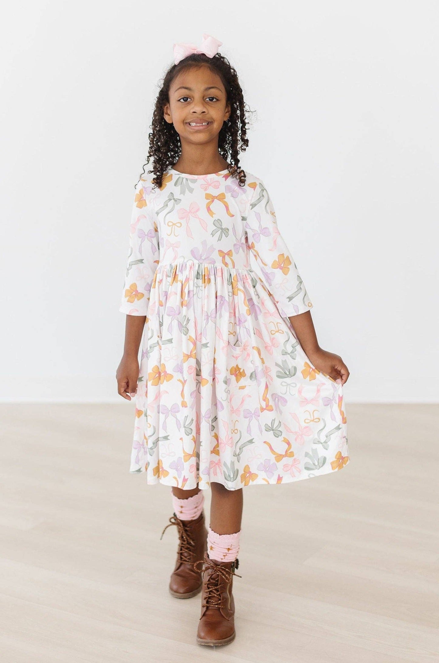 Boho Bows 3/4 Sleeve Pocket Twirl Dress: 4T