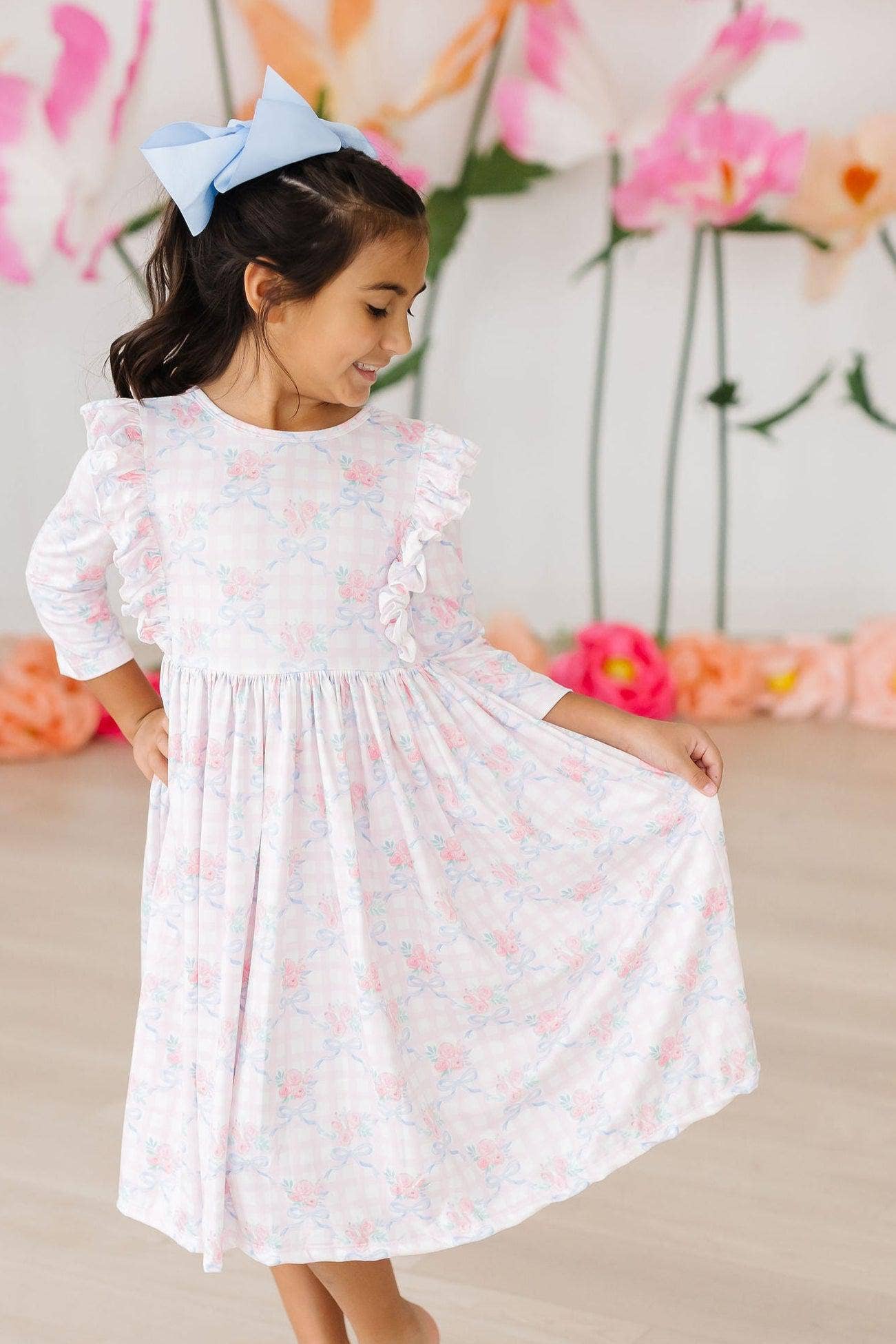 Ribbons & Roses 3/4 Sleeve Ruffle Twirl Dress: 4T