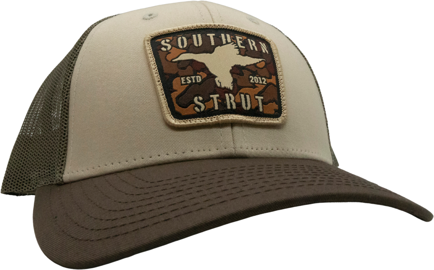 Camo Duck Woven Patch Trucker Hat: Tan/Loden/Brown