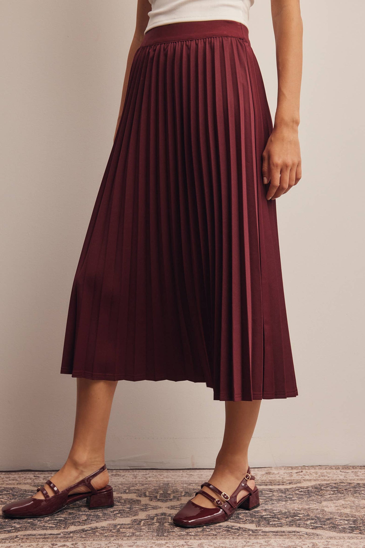 Stretch Pleated Midi Skirt FSK0027: Brown / Contemporary / S