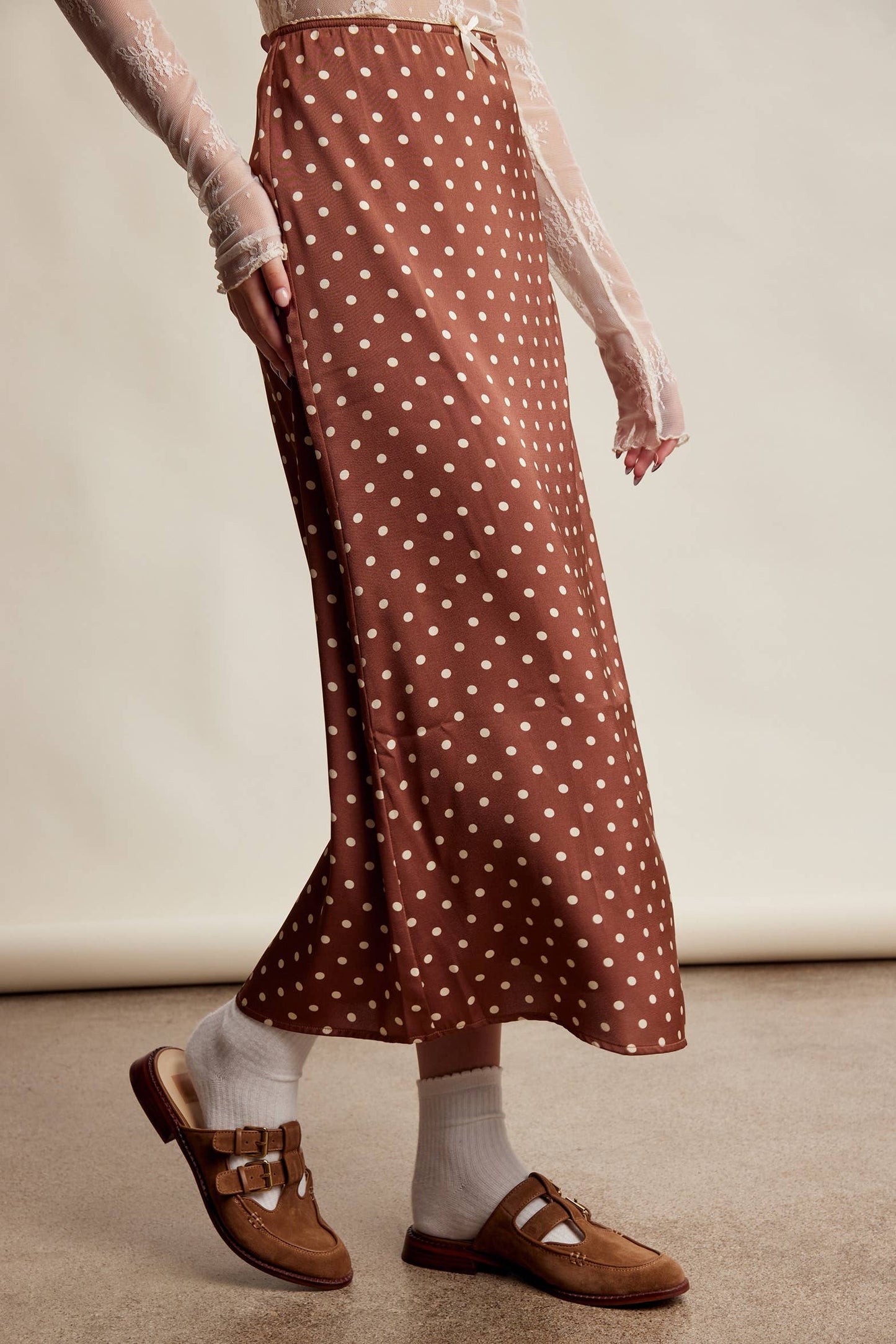 Polka Dot Satin Maxi Skirt LSK0289: Mocha / Contemporary / L