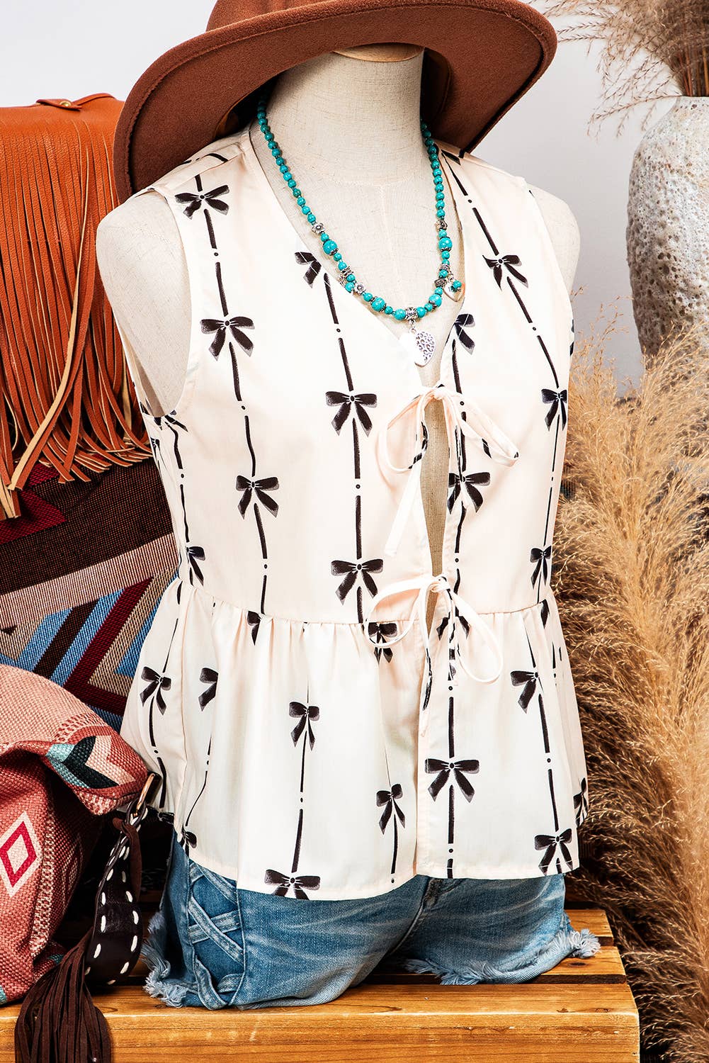 Fashion-W Bow Printed Tie Closure Ruffled Vest: As shown / Missy / M