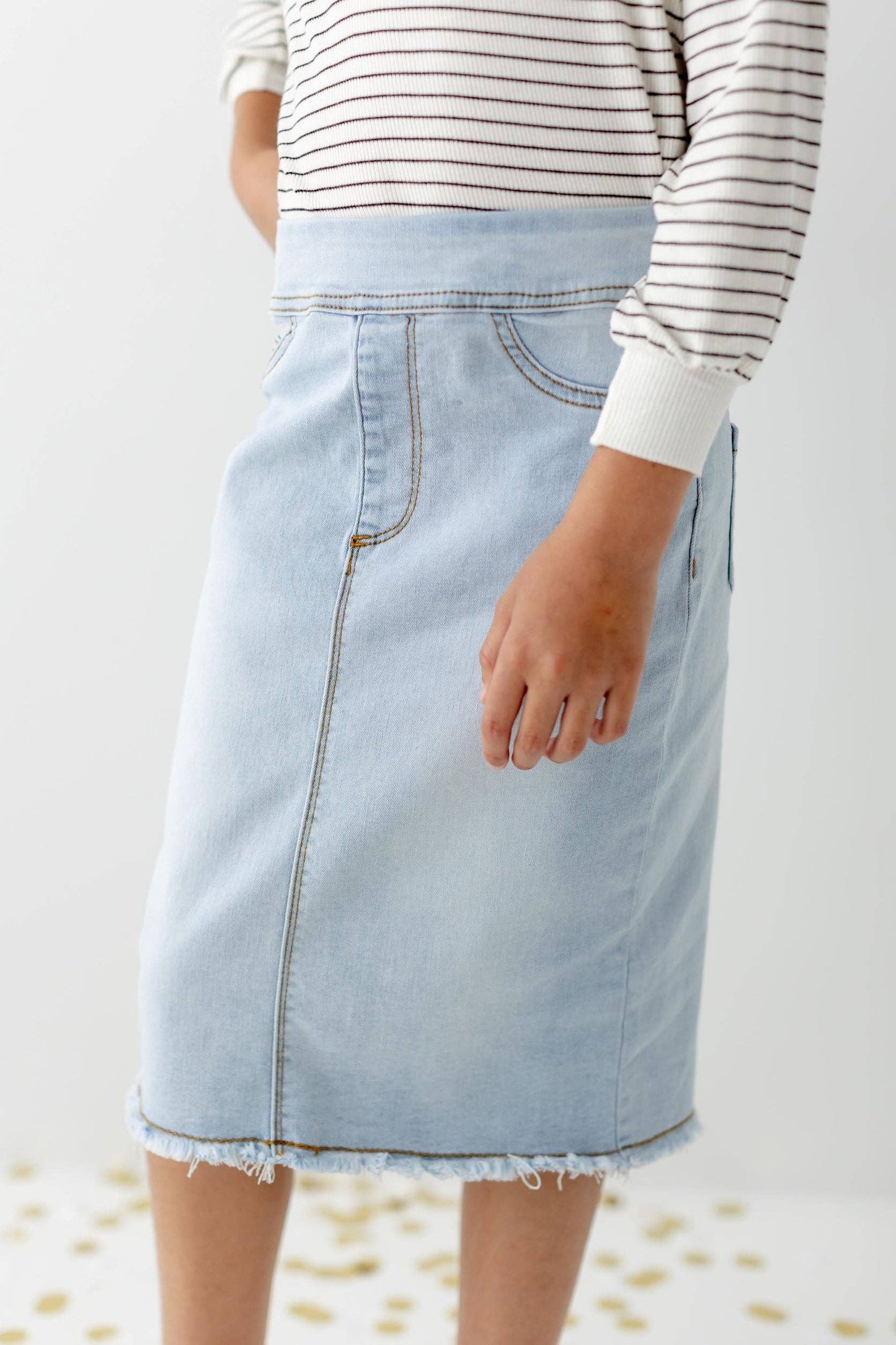 'Sara' Girl Classic Denim Skirt in Light Wash: Girl 10