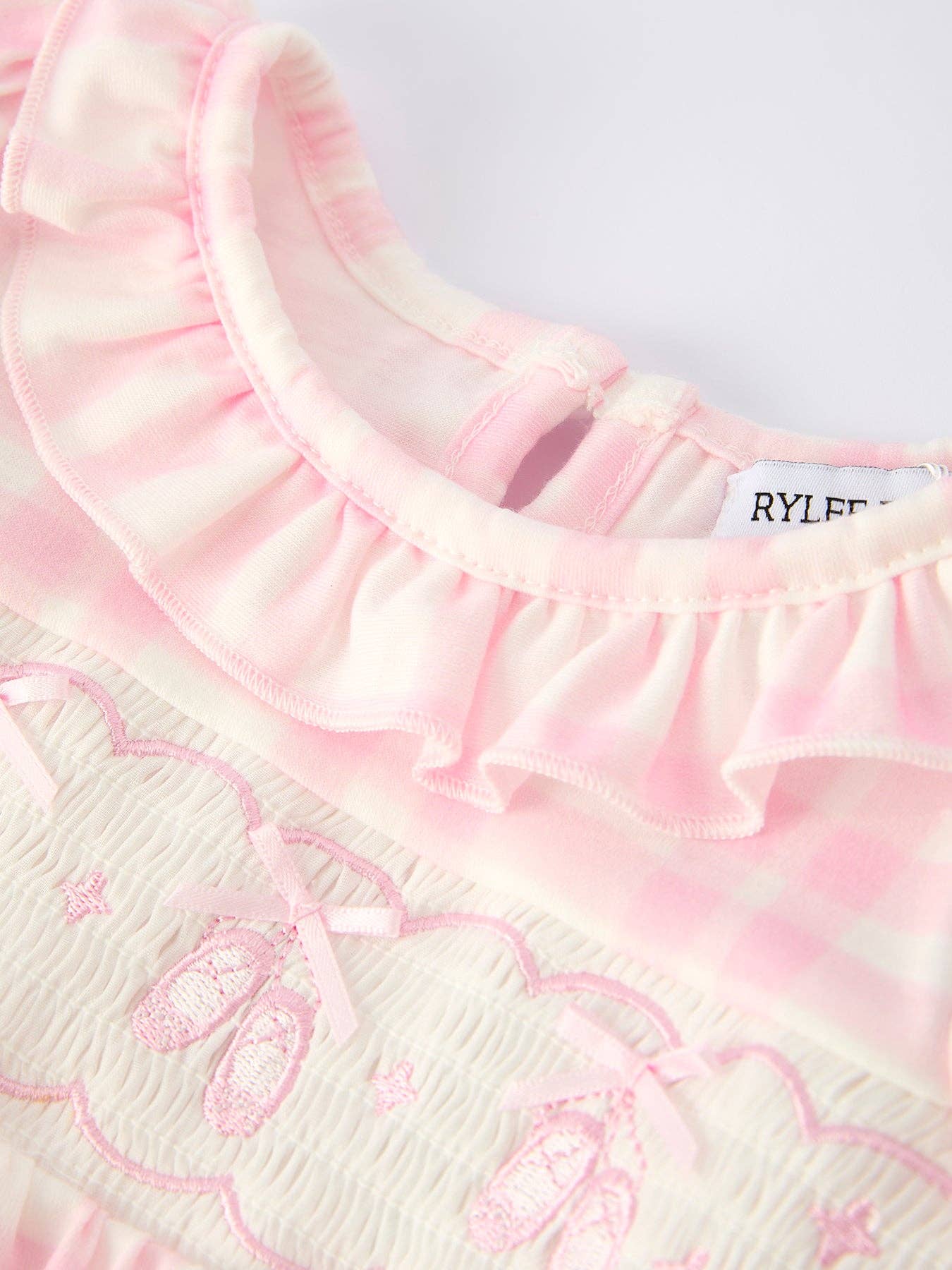 Pink Plaid Ruffle Ballet Shoe Embroidery Long Sleeve Romper: 18M