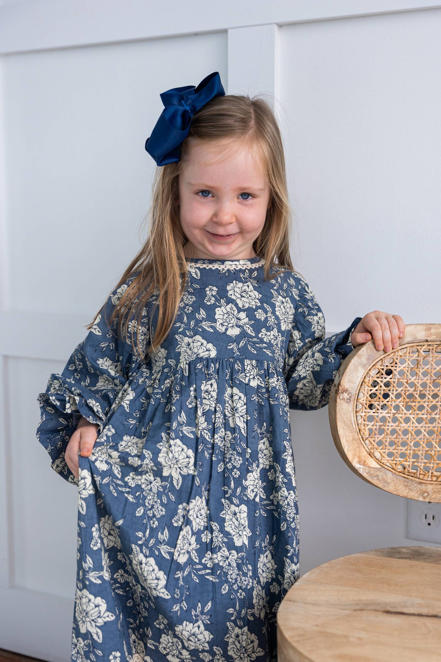 Grey Floral Printed Neck & Bottom Lace Long Sleeves Gathered : Infant : Baby : Toddler : Tween : Kids: 12-18 month