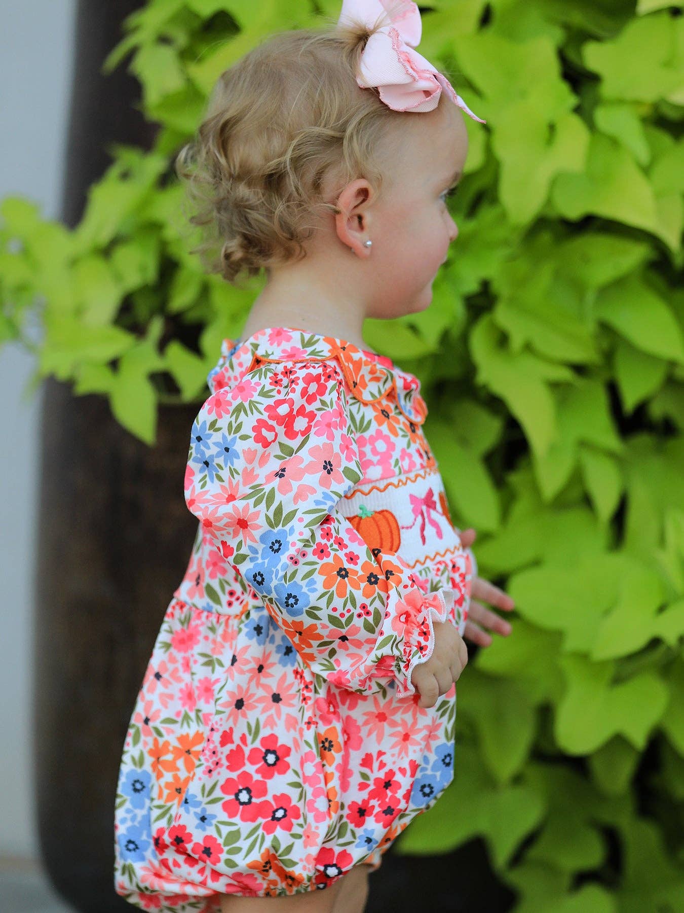 Fall Halloween & Thanksgiving Pumpkin Bow Smock Embroidered Floral Baby Girl Romper: 6M