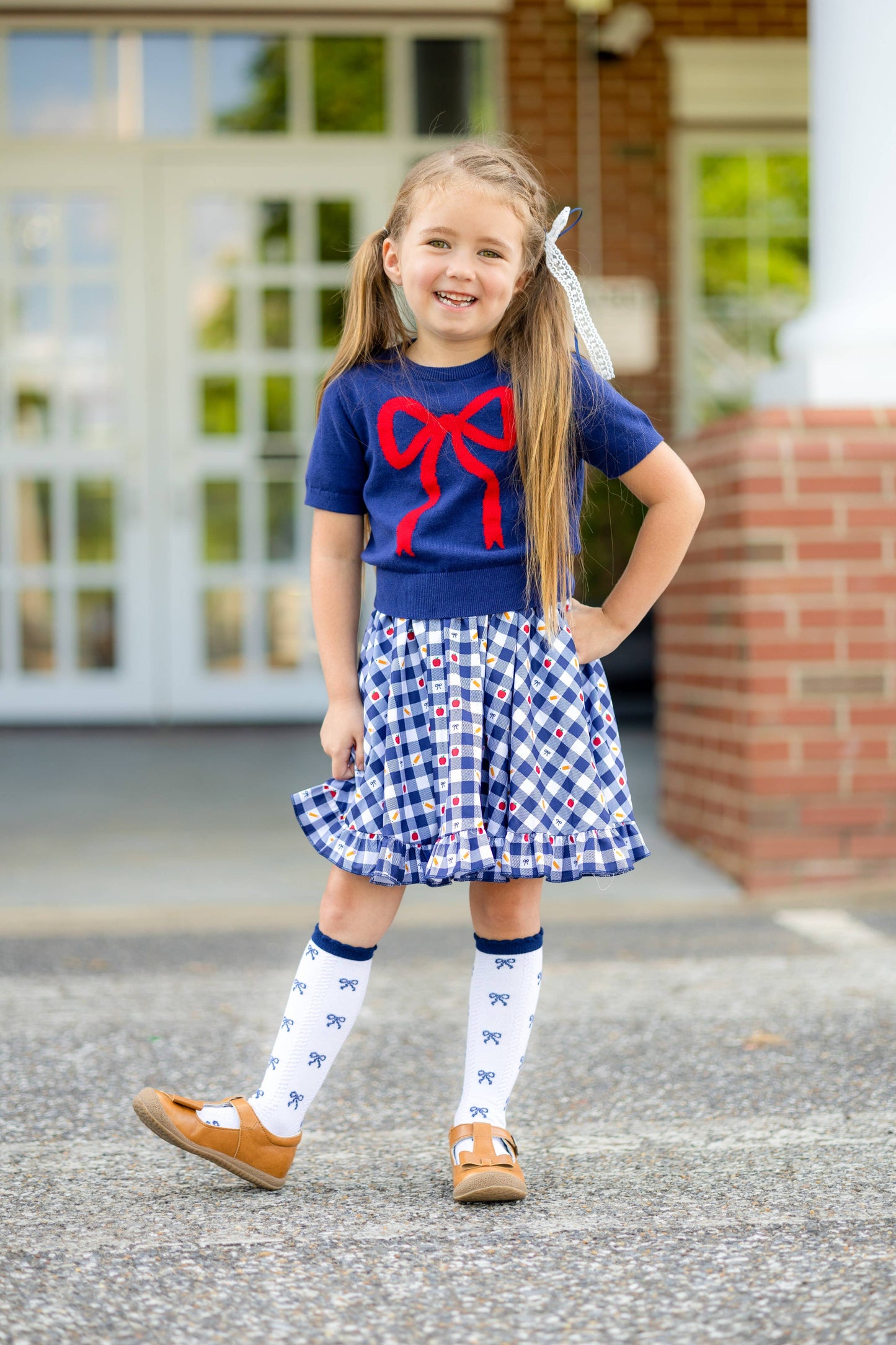 Navy Bow Scalloped Knee Socks: 0-6 MONTHS