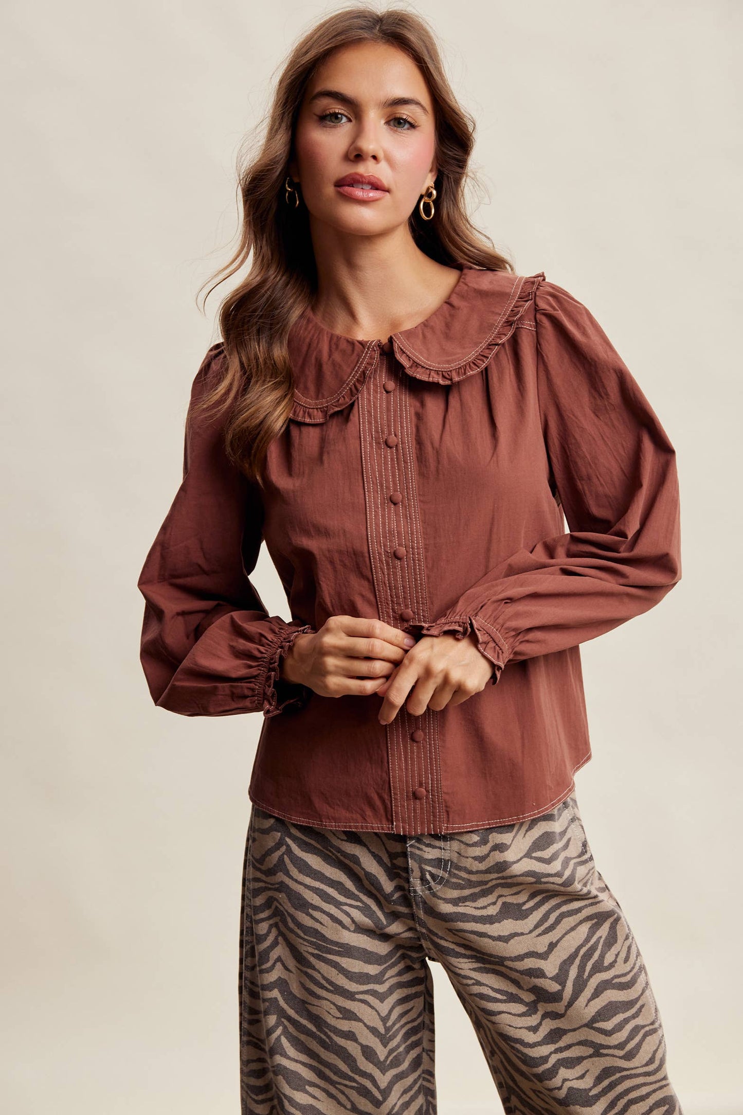 Contrast Stitch Ruffle Collar Cotton Blouse LT1488: Cream / Contemporary / XL