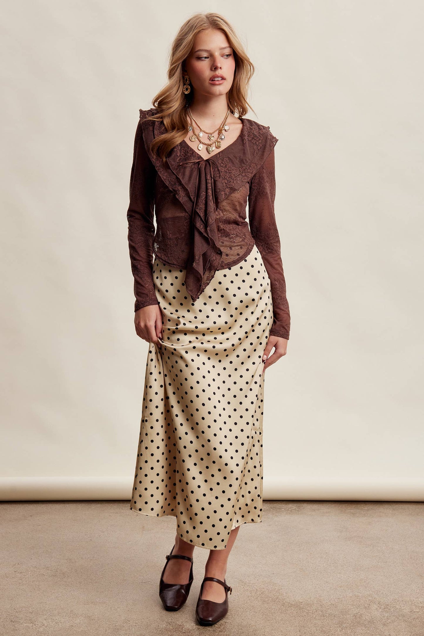 Polka Dot Satin Maxi Skirt LSK0289: Mocha / Contemporary / M