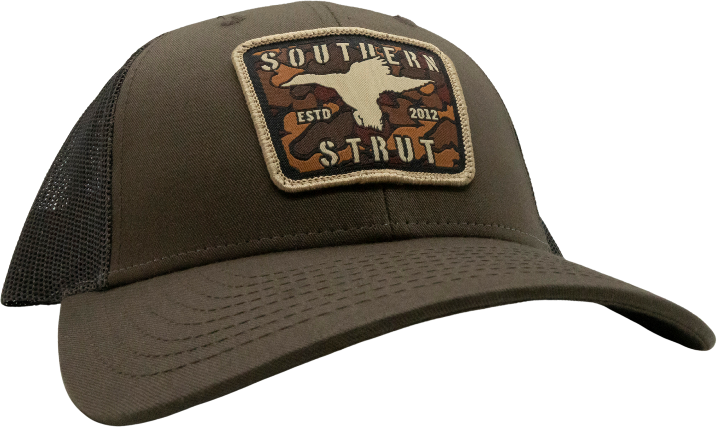 Camo Duck Woven Patch Trucker Hat: Tan/Loden/Brown