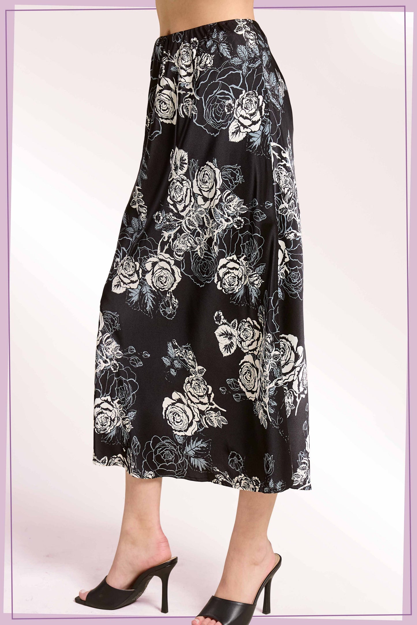 JDP4238-Elegant Contrast Floral Satin Midi Skirt: White / M