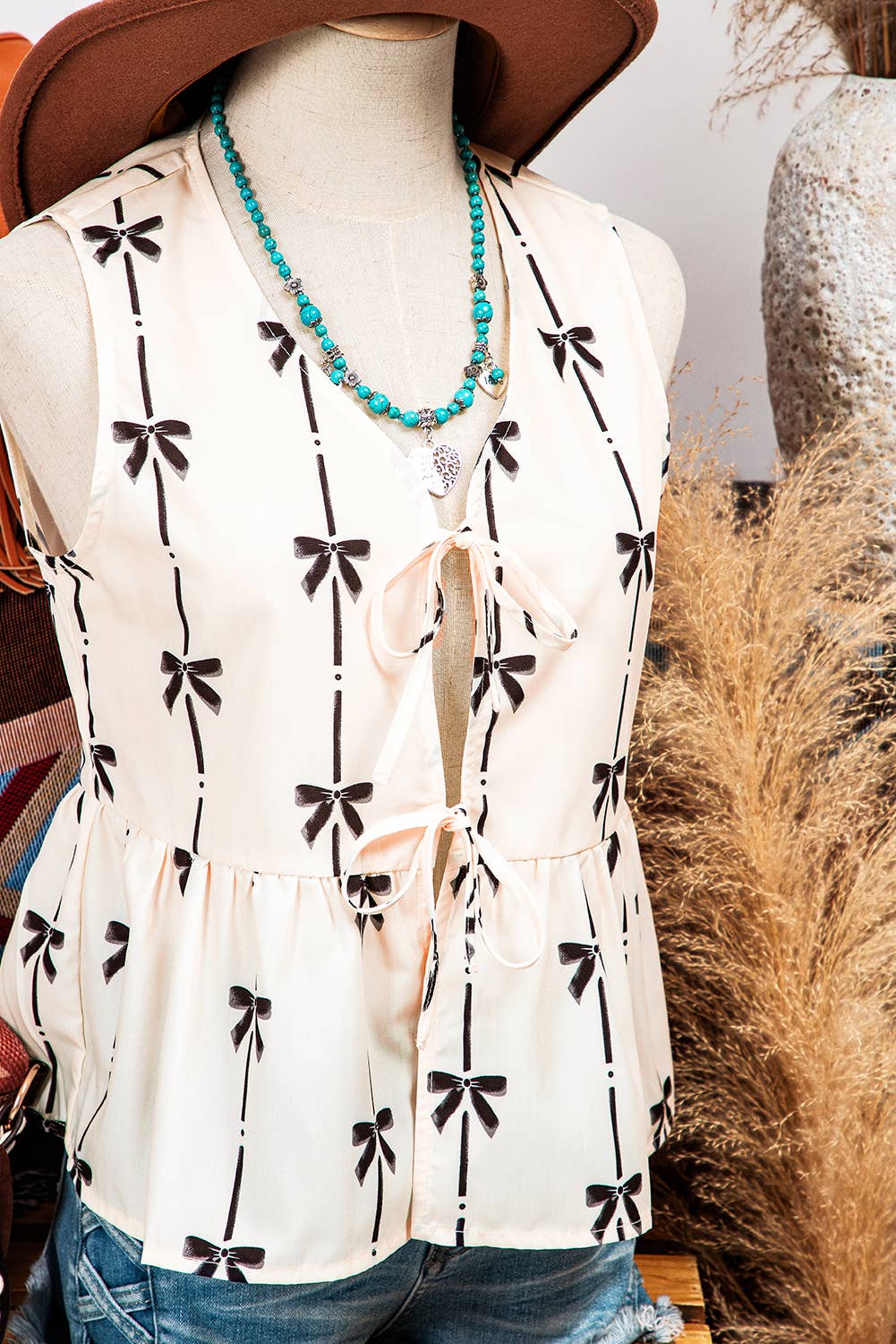 Fashion-W Bow Printed Tie Closure Ruffled Vest: As shown / Missy / S