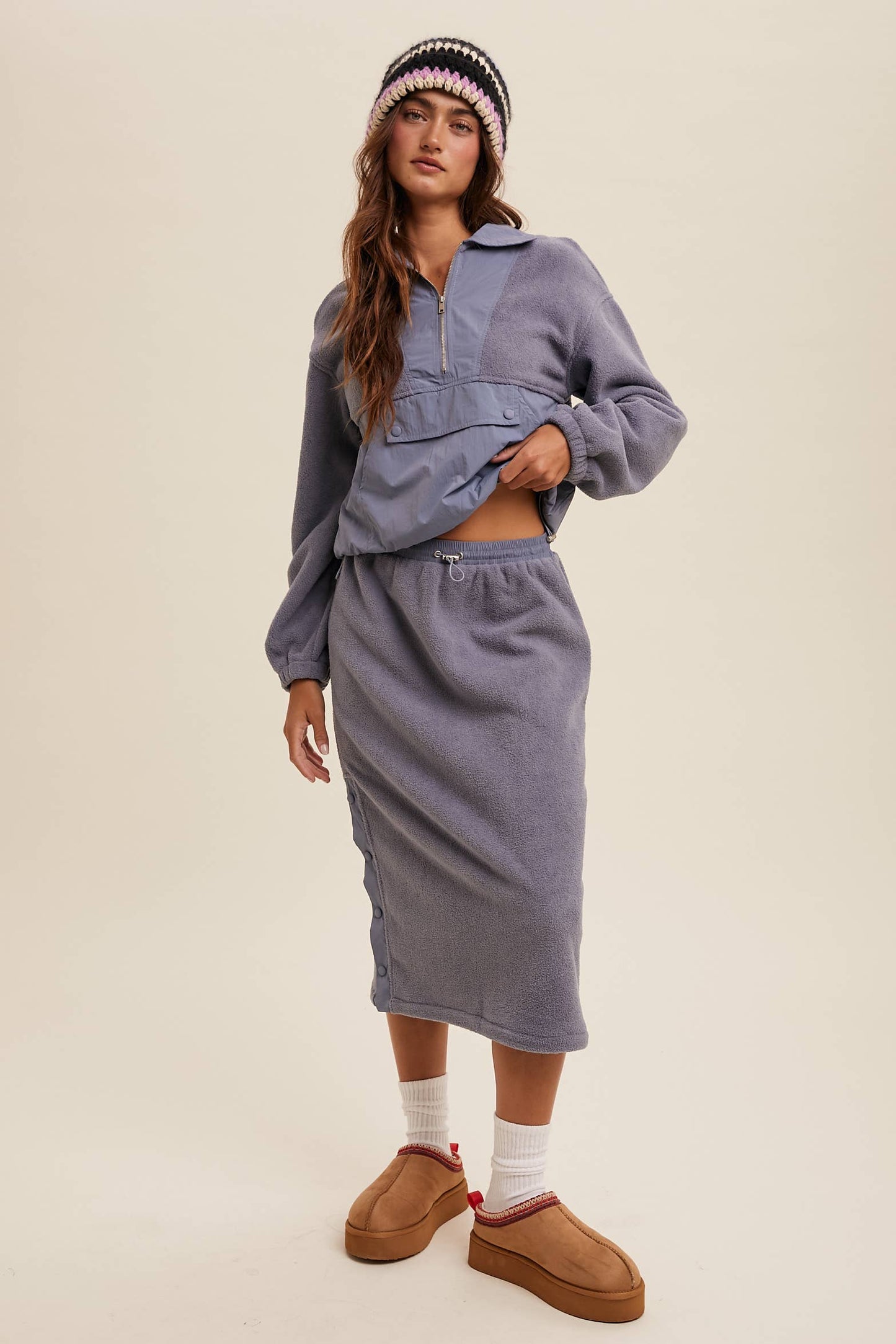 Fleece Pullover & Skirt Set: Taupe / Contemporary / L