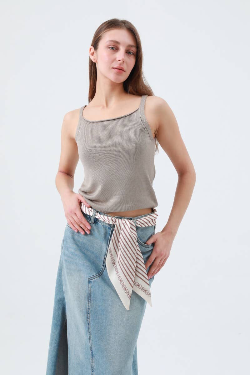 Striped Satin Silky Skinny Scarf: Cream