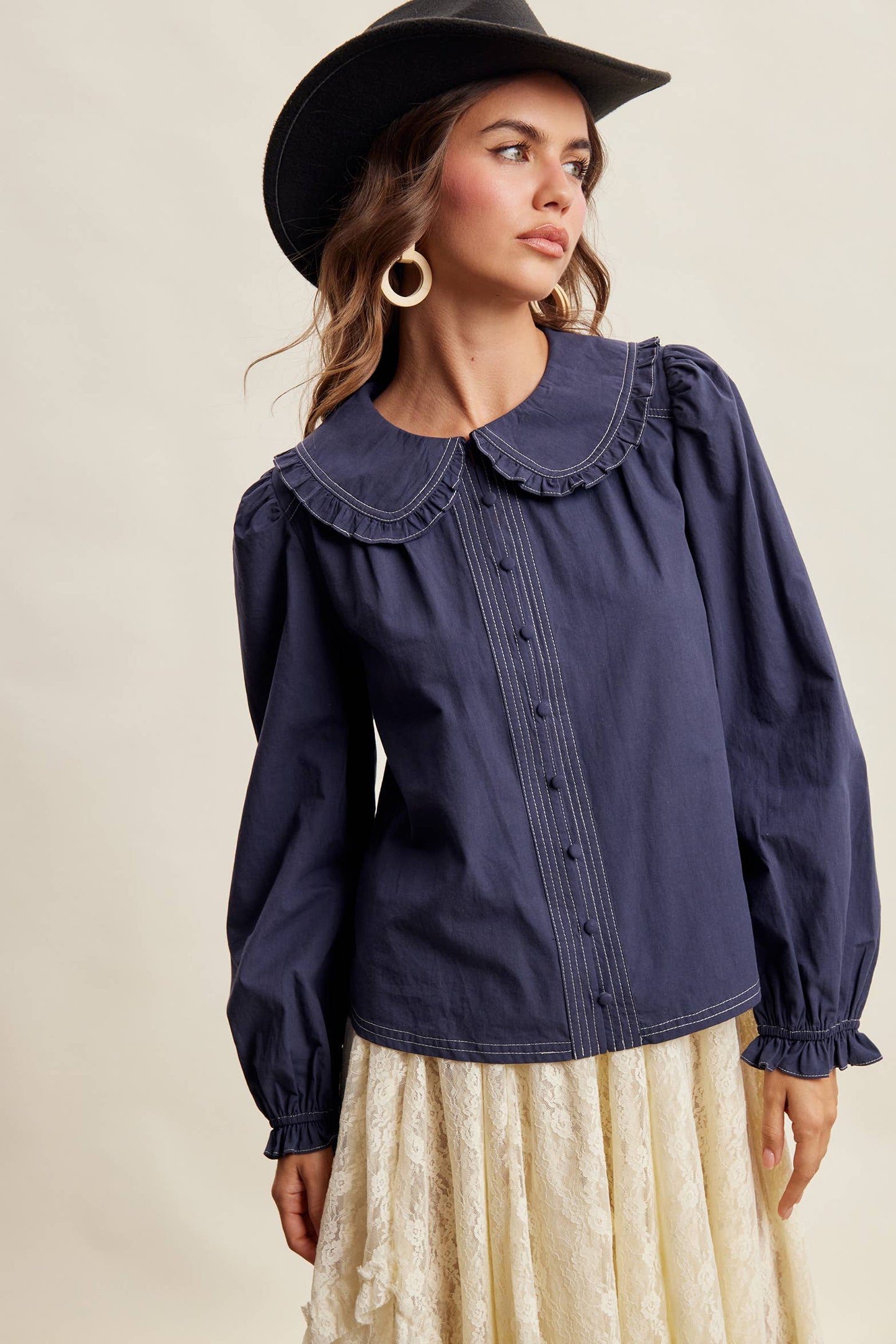 Contrast Stitch Ruffle Collar Cotton Blouse LT1488: Cream / Contemporary / S