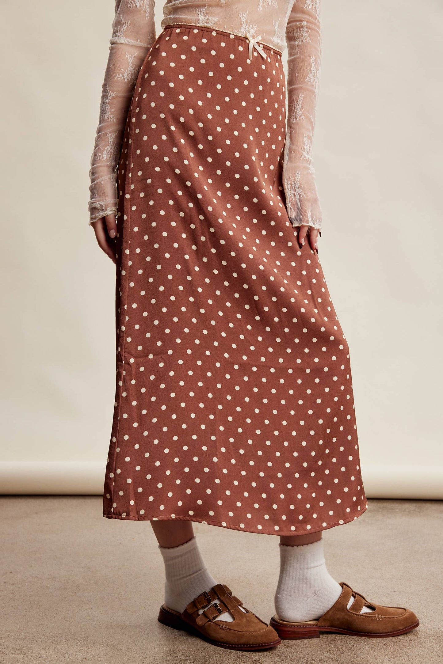 Polka Dot Satin Maxi Skirt LSK0289: Mocha / Contemporary / S