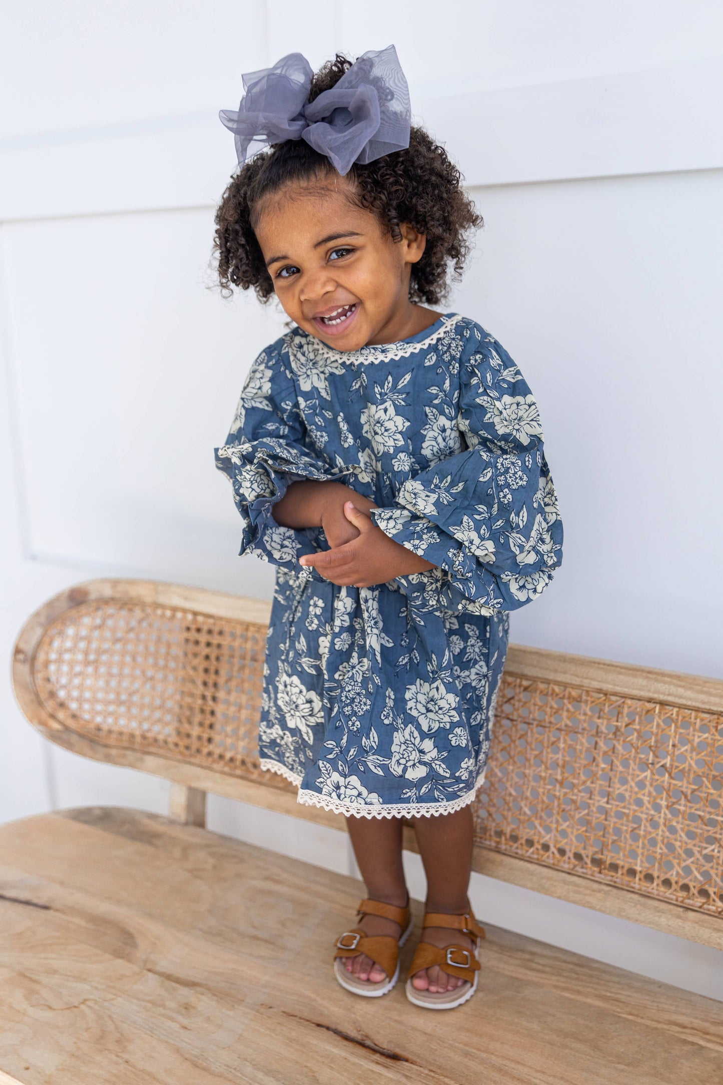 Grey Floral Printed Neck & Bottom Lace Long Sleeves Gathered : Infant : Baby : Toddler : Tween : Kids: 3-6 month
