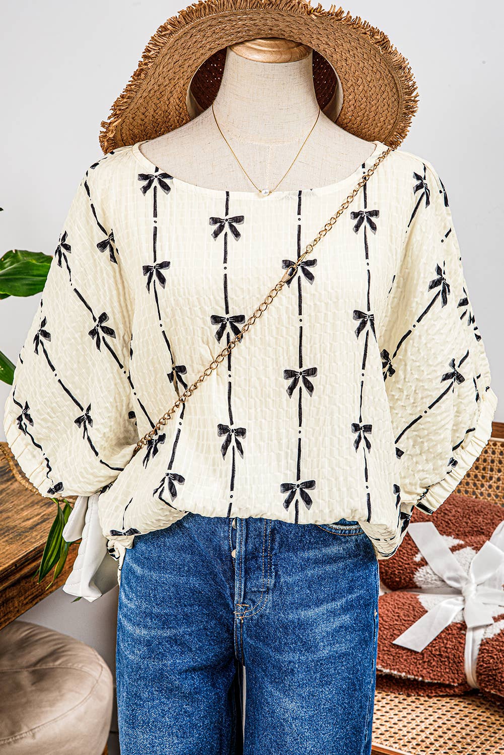 Fashion-W Bow Print Puff Short Sleeve Top: As shown / Missy / L