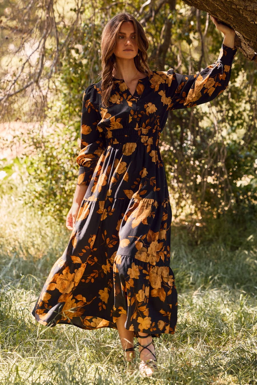 Plus Floral Printed Tiered Maxi Dress: Deep Sage Multi / Plus Size / XL