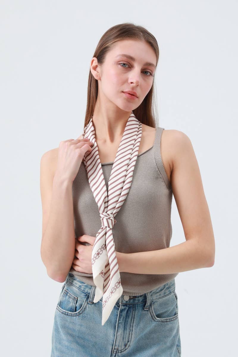 Striped Satin Silky Skinny Scarf: Cream