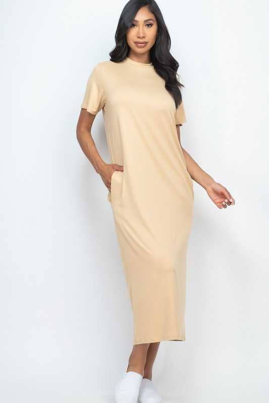 Basic Solid Side Pocket Tee Shirt Dress