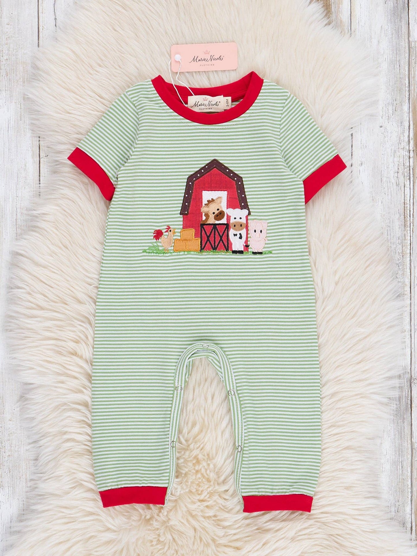 Striped Embroidered Farmhouse Cotton Romper: 3/6MOS