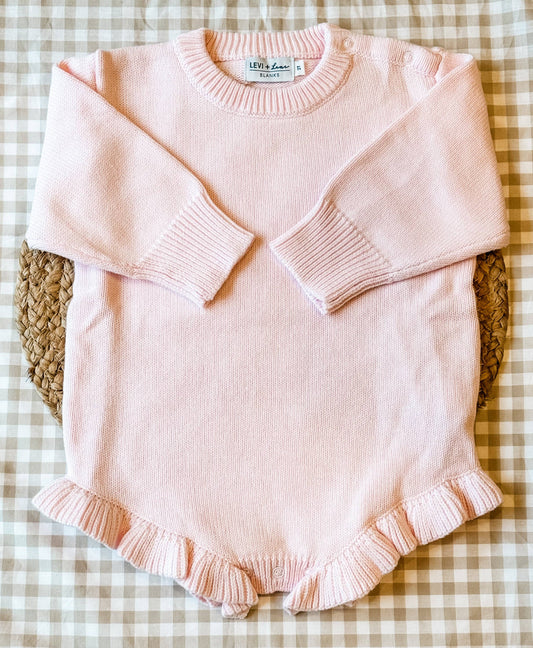 Long Sleeve Knit Ruffle Romper - NEW TRUE TO SIZE FIT: Light Pink / NB