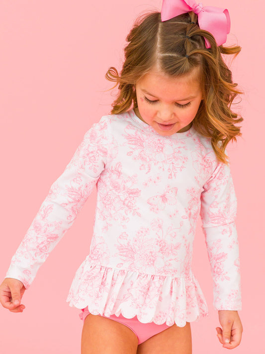 Girls Pink Butterfly Garden Toile Long Sleeve Rash Guard 2-Piece: Pink / 3T