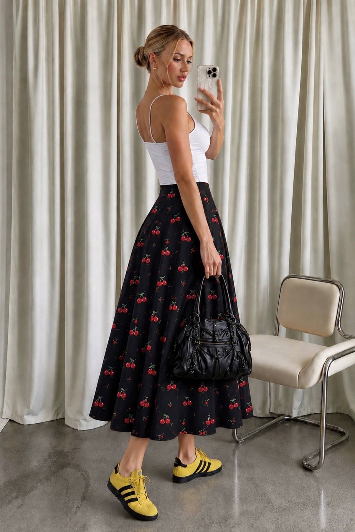 CHRRY PRINT MIDI SKIRT: BLACK CHERRY / M