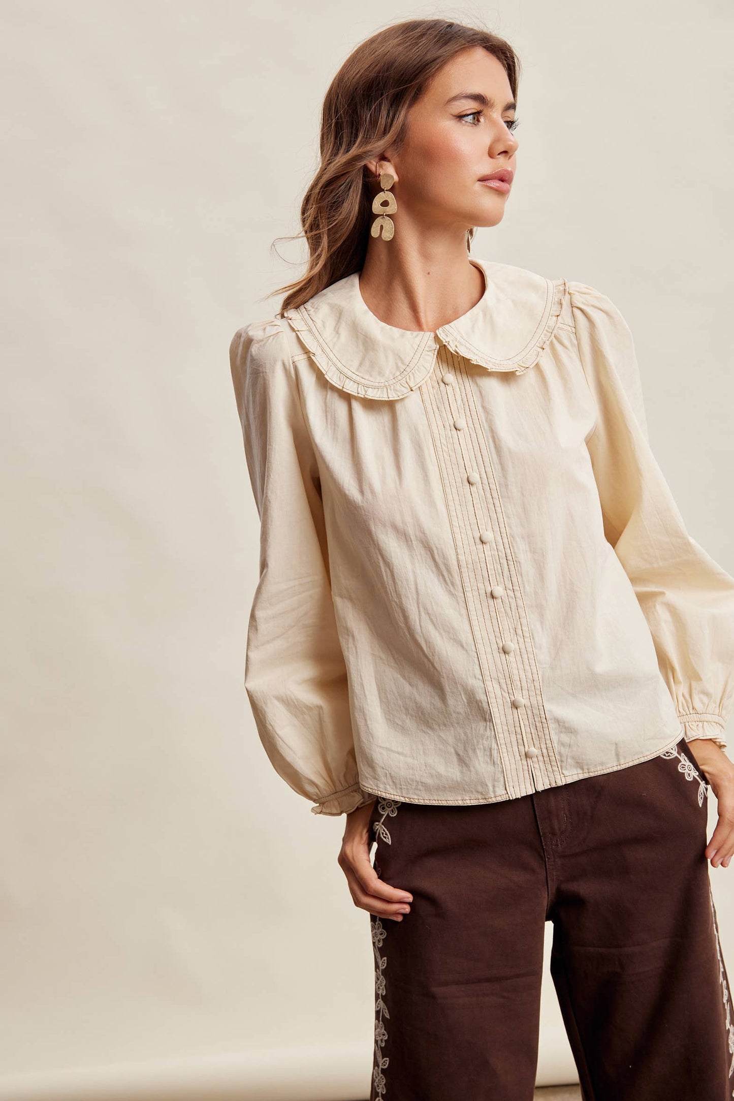 Contrast Stitch Ruffle Collar Cotton Blouse LT1488: Cream / Contemporary / S