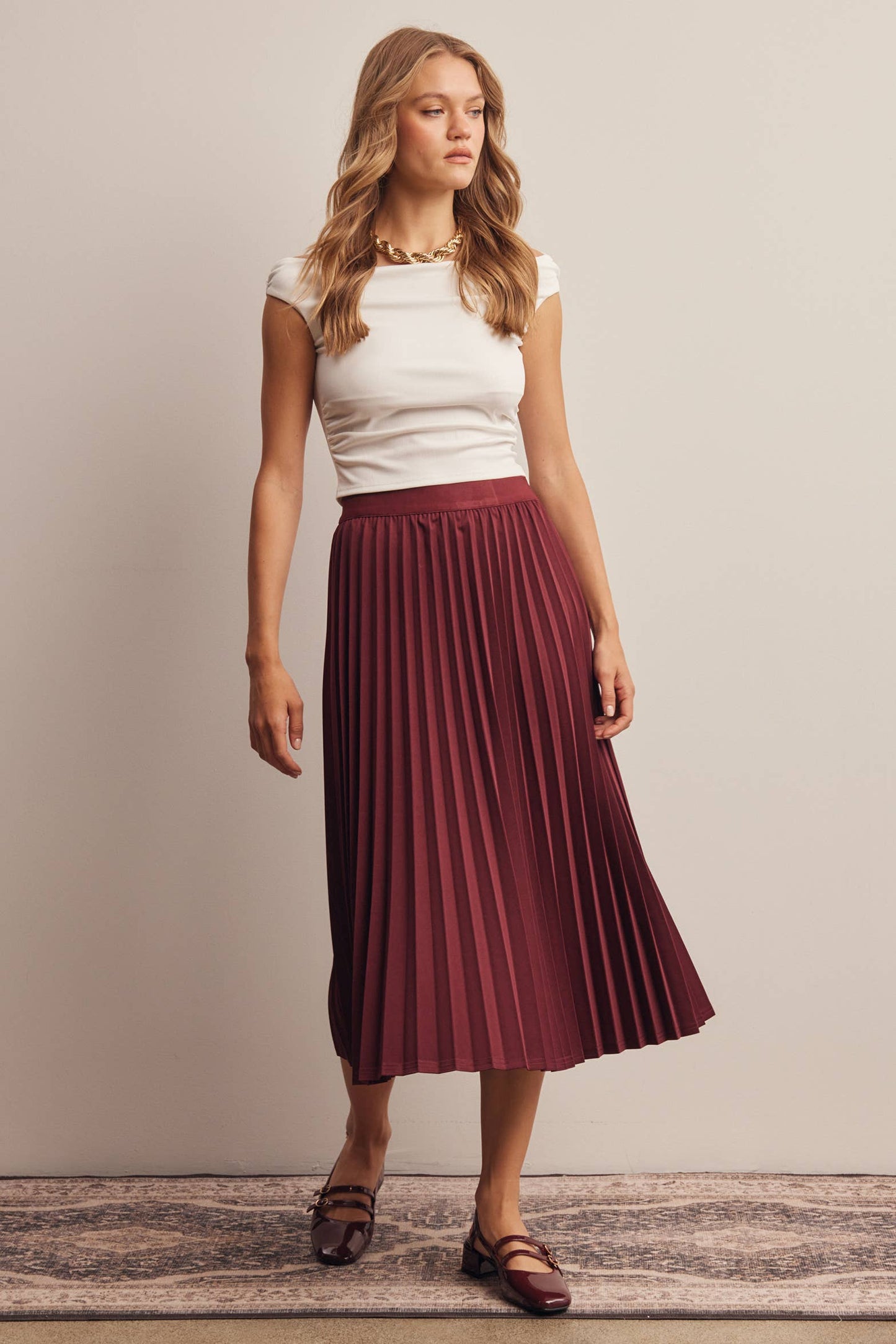 Stretch Pleated Midi Skirt FSK0027: Brown / Contemporary / M