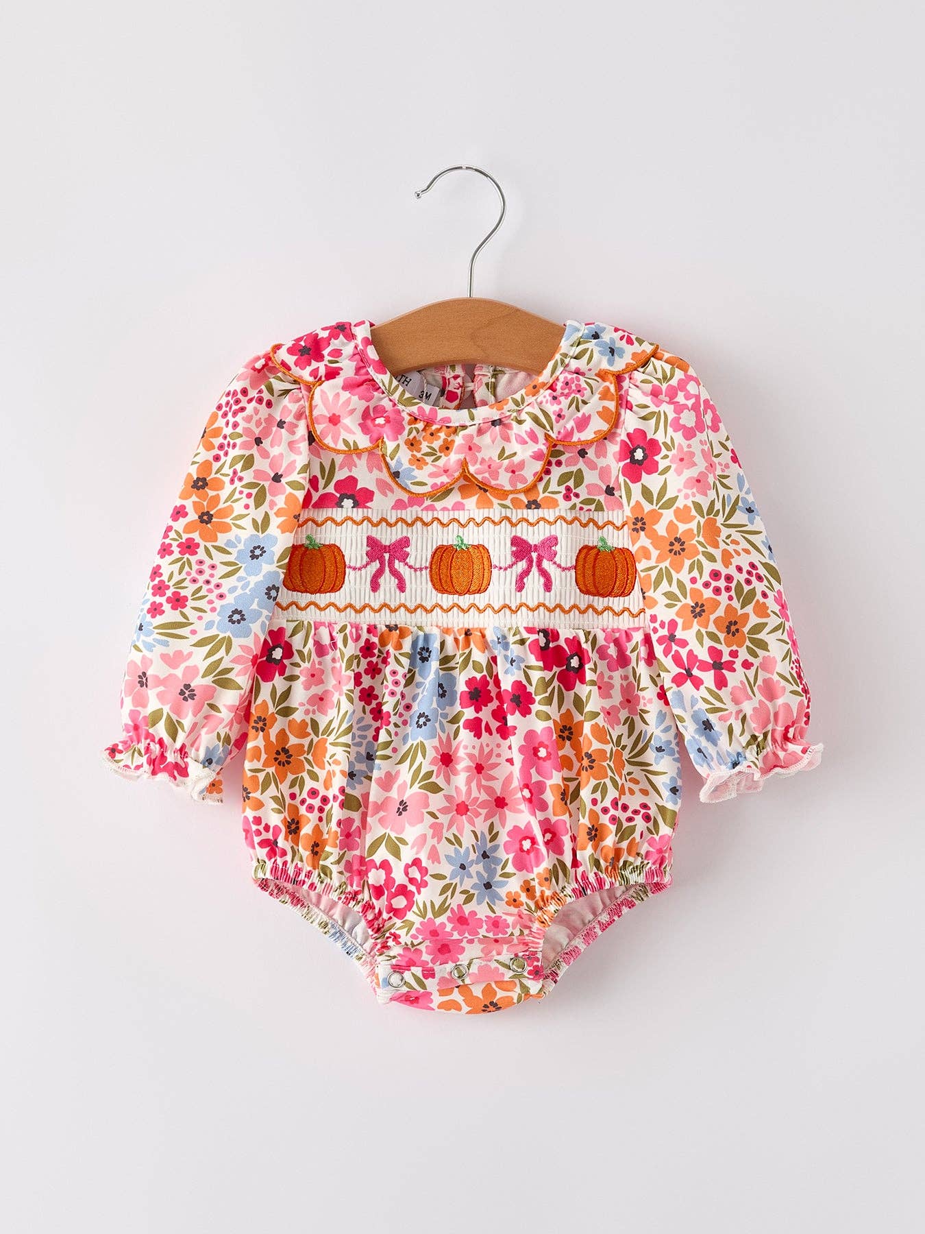 Fall Halloween & Thanksgiving Pumpkin Bow Smock Embroidered Floral Baby Girl Romper: 12M
