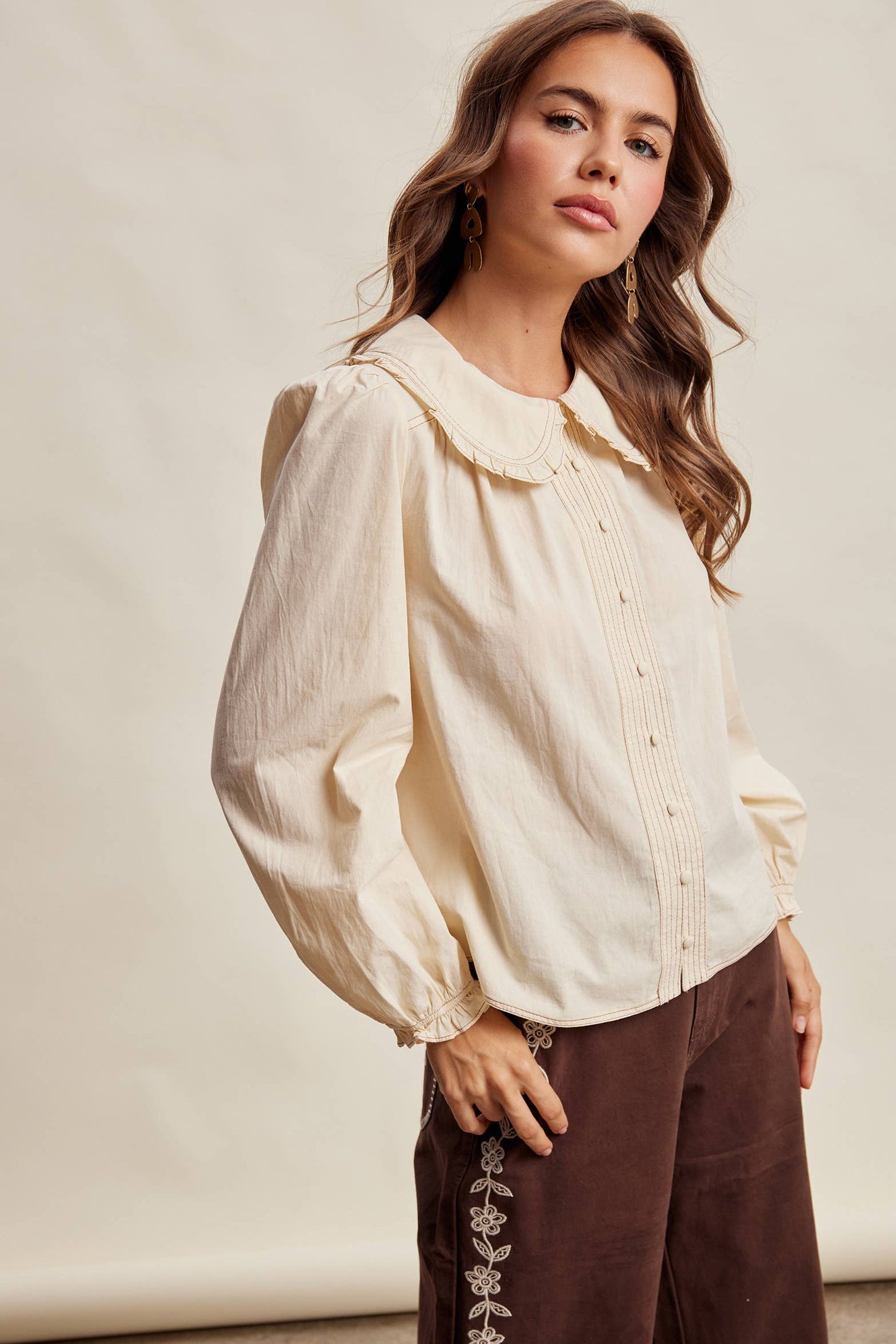 Contrast Stitch Ruffle Collar Cotton Blouse LT1488: Cream / Contemporary / L