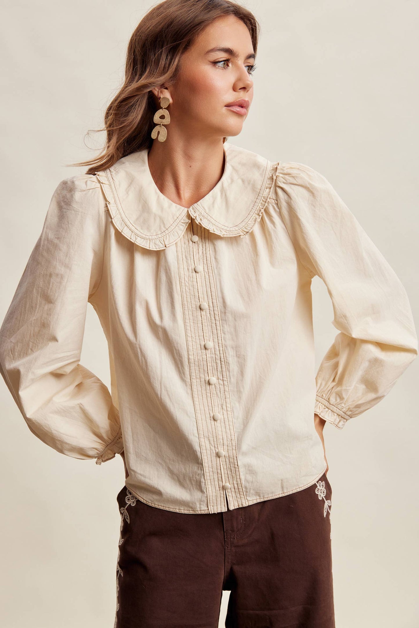 Contrast Stitch Ruffle Collar Cotton Blouse LT1488: Cream / Contemporary / M