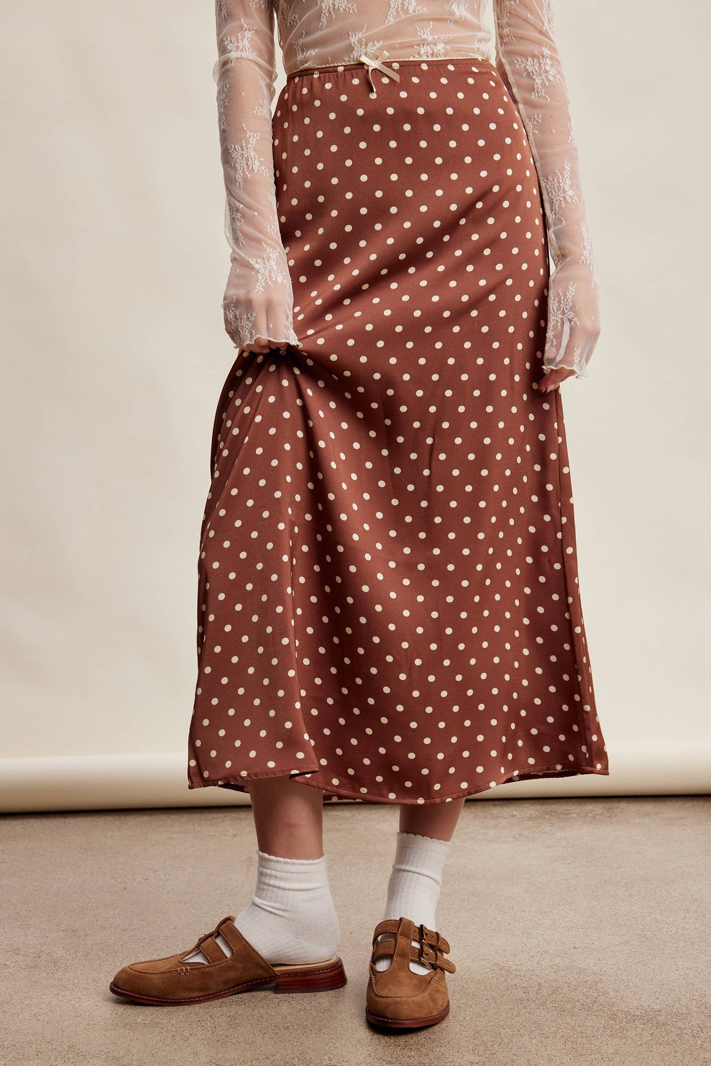 Polka Dot Satin Maxi Skirt LSK0289: Mocha / Contemporary / S