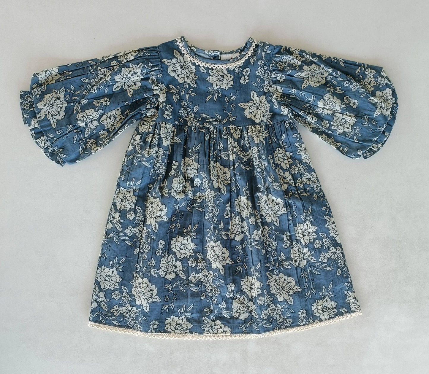 Grey Floral Printed Neck & Bottom Lace Long Sleeves Gathered : Infant : Baby : Toddler : Tween : Kids: 9-12 month