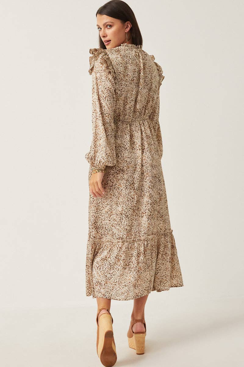 Womens Ditsy Floral Ruffle Detailed Buttoned Dress: Taupe / S