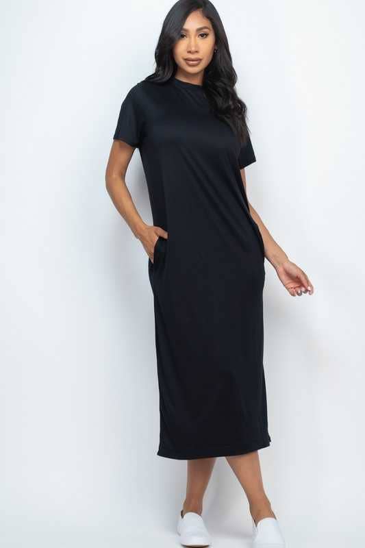 Basic Solid Side Pocket Tee Shirt Dress