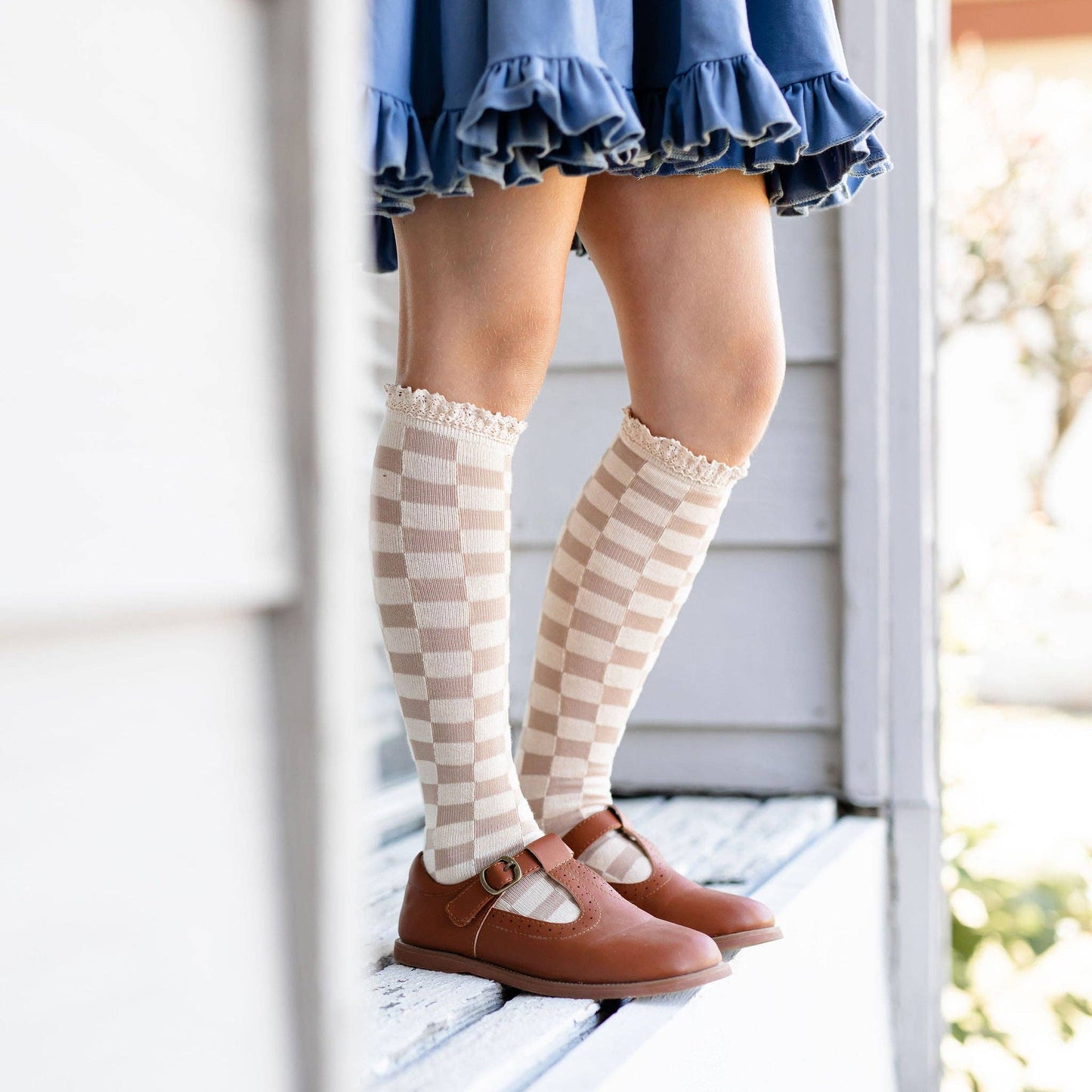 Checkered Lace Top Knee High Socks - Vanilla/Oat: 1.5-3 YEARS