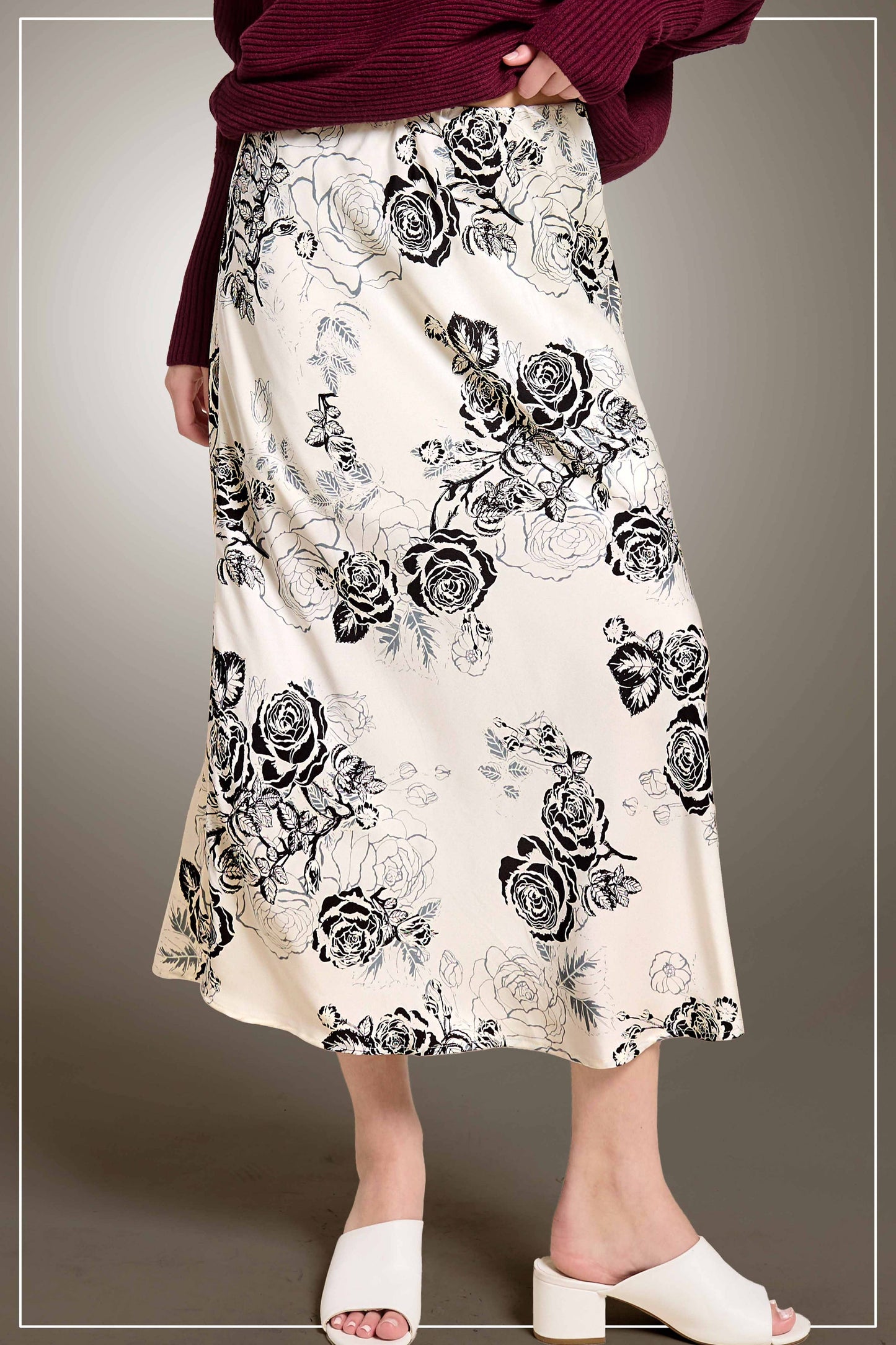 JDP4238-Elegant Contrast Floral Satin Midi Skirt: Black / S