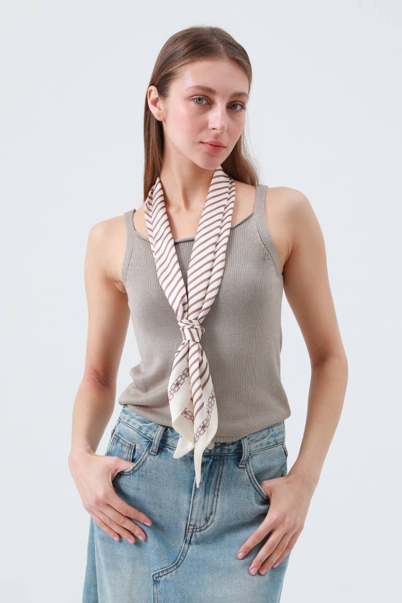 Striped Satin Silky Skinny Scarf: Cream