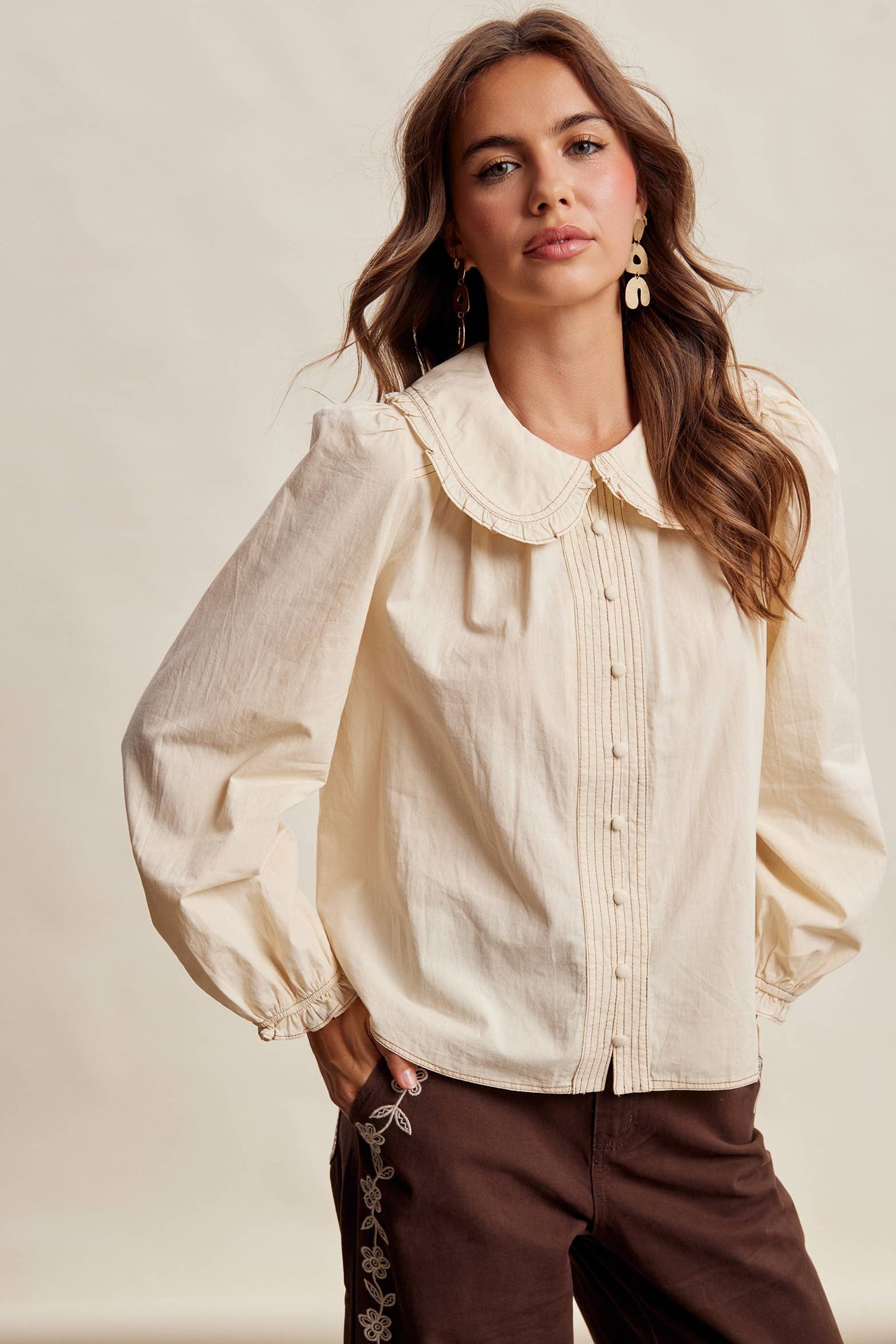 Contrast Stitch Ruffle Collar Cotton Blouse LT1488: Cream / Contemporary / S